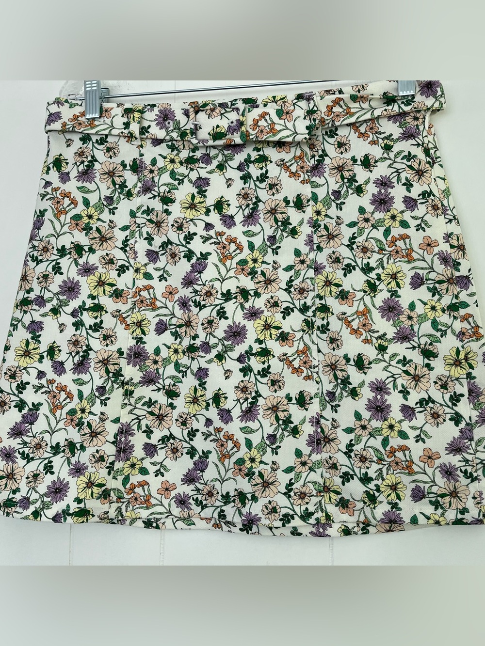 Loft Linen Blend Cream Floral Print A-Line Belted Skirt Size 6